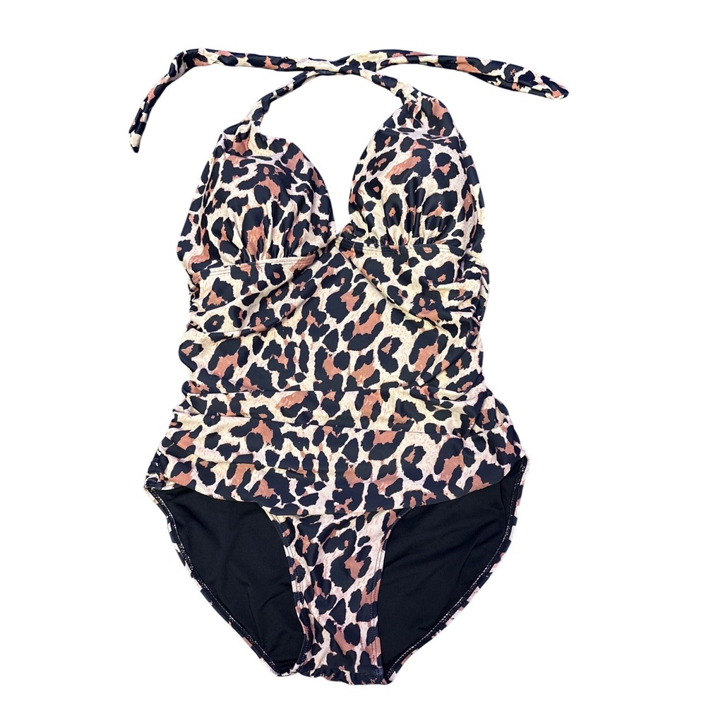 Women Leopard Print Halter One‎ Piece Swimsuit Ruched Tummy Control XL